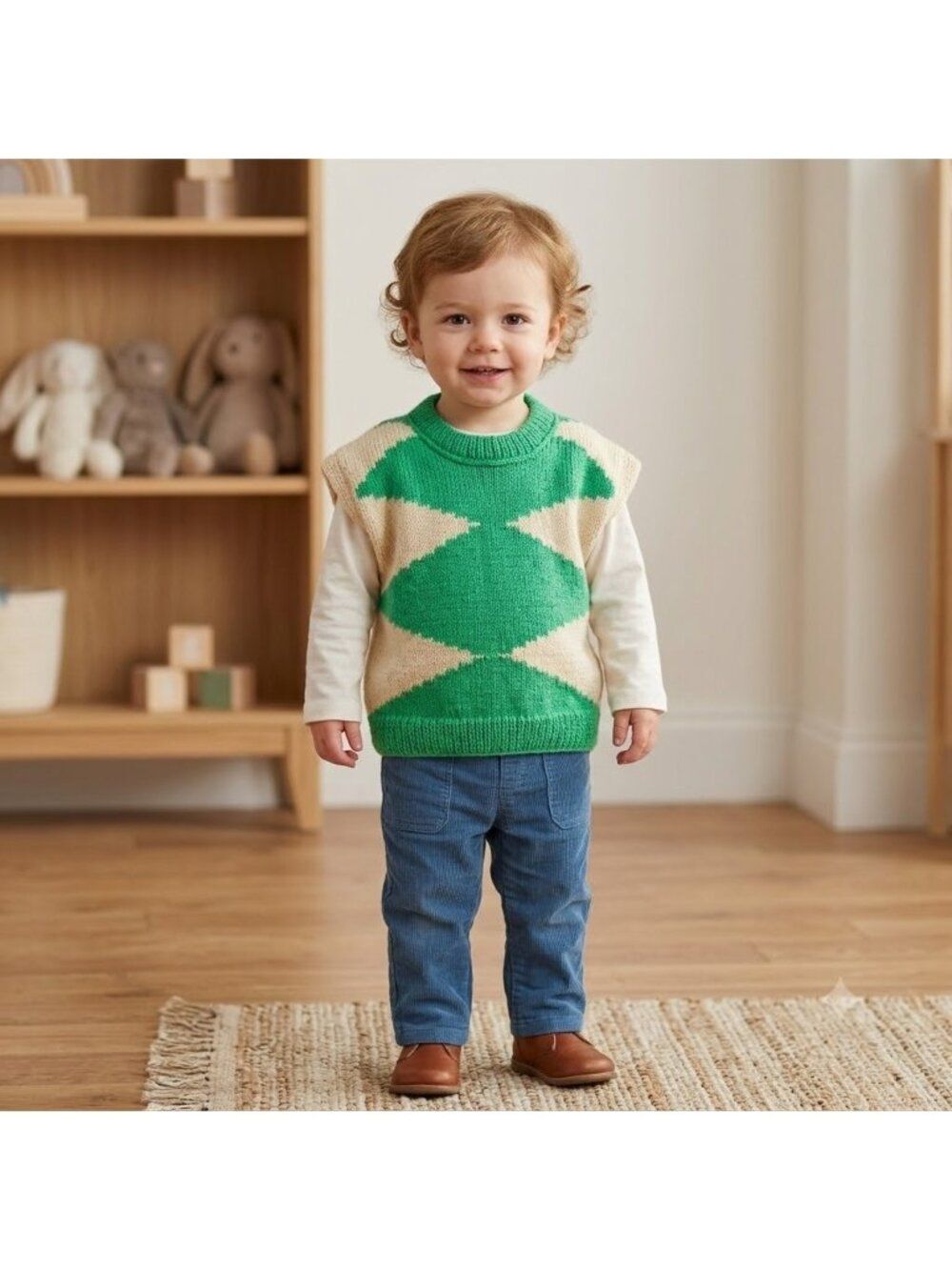 Hand-Knit Vest Baby Pullover Green Beige Handmade Sz Toddler